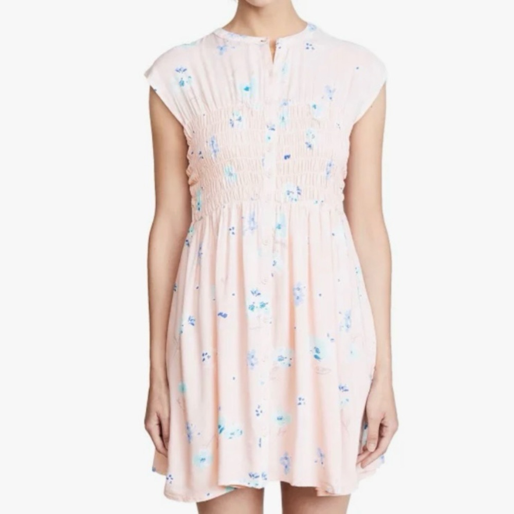 Free People Floral Smocked Mini Dress Pink Blue Boho Babydoll XS